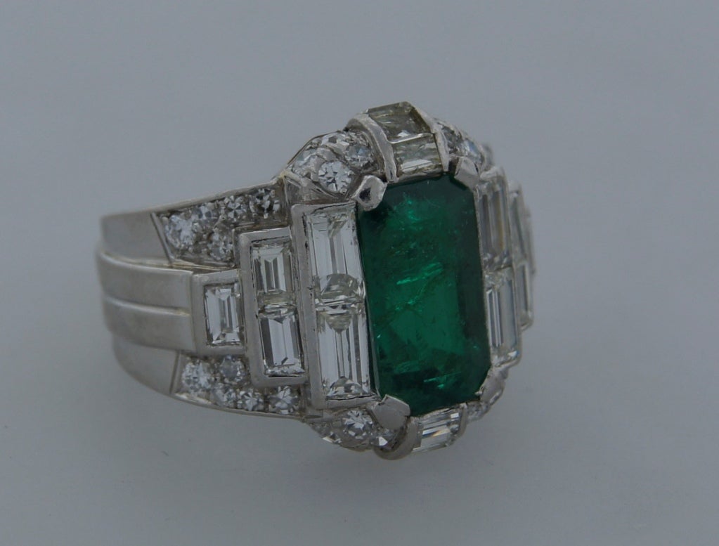 1960s Bulgari Emerald Diamond Platinum Ring In Excellent Condition In Beverly Hills, CA