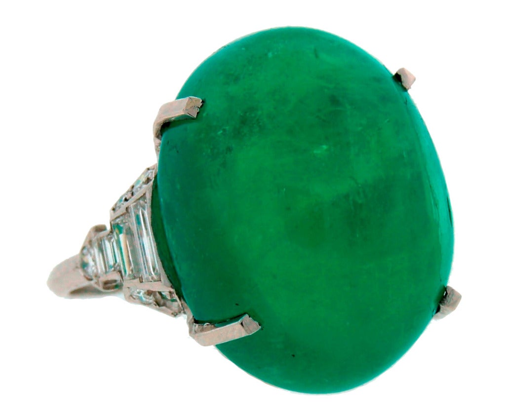 Women's 30-ct Cabochon Emerald Diamond Platinum Ring c1960s