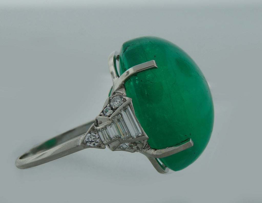 30-ct Cabochon Emerald Diamond Platinum Ring c1960s 1