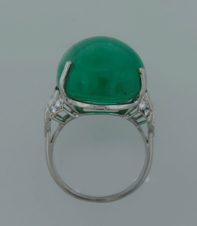 30-ct Cabochon Emerald Diamond Platinum Ring c1960s 2