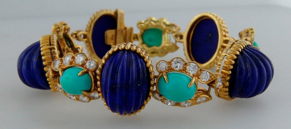 Van Cleef & Arpels Lapis Lazuli Turquoise Diamond Gold Bracelet c1970s In Excellent Condition In Beverly Hills, CA