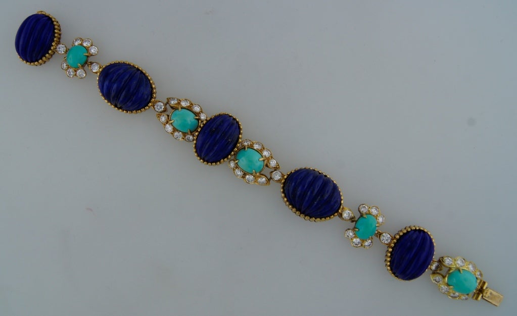 Women's Van Cleef & Arpels Lapis Lazuli Turquoise Diamond Gold Bracelet c1970s