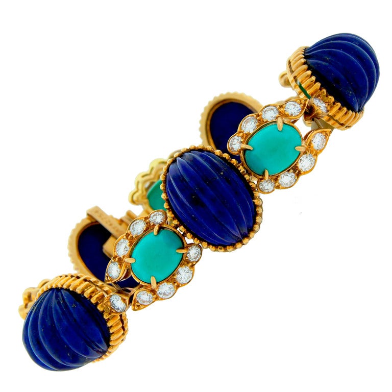 Van Cleef & Arpels Lapis Lazuli Turquoise Diamond Gold Bracelet c1970s