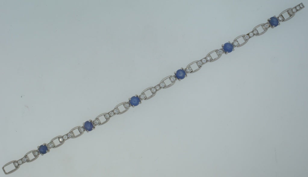 Art Deco J.E. Caldwell Star Sapphire Diamond Platinum Bracelet c1960s   For Sale