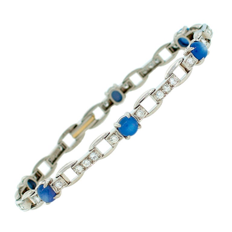 J.E. Caldwell Star Sapphire Diamond Platinum Bracelet c1960s   For Sale
