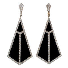 Antique Art Deco Black Onyx Diamond Platinum Earrings c1920s