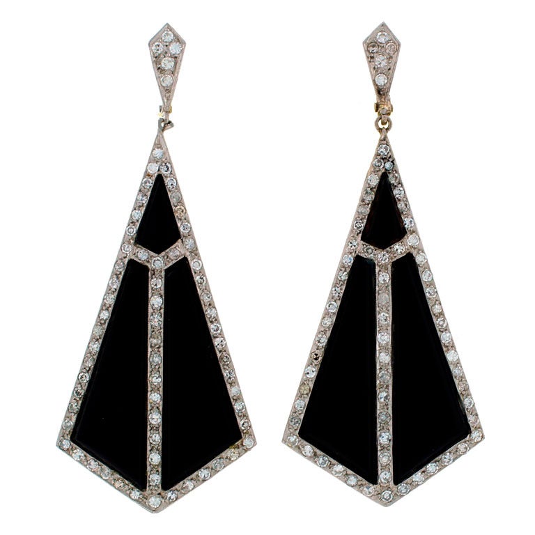 Art Deco Black Onyx Diamond Platinum Earrings c1920s