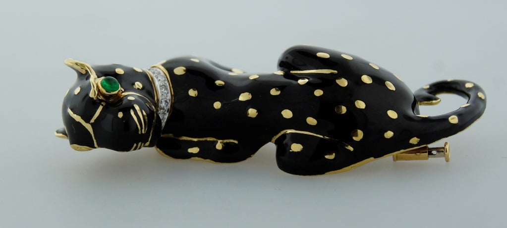 DAVID WEBB Black Enamel Diamond Yellow Gold Panther Pin / Brooch c1970s 1