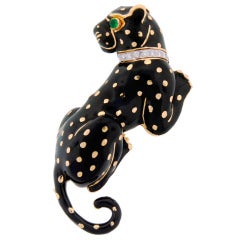 DAVID WEBB Black Enamel Diamond Yellow Gold Panther Pin / Brooch c1970s 12
