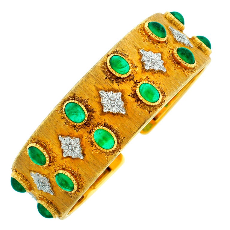 1960s Mario Buccellati Emerald and Two Tone Gold Bangle Bracelet