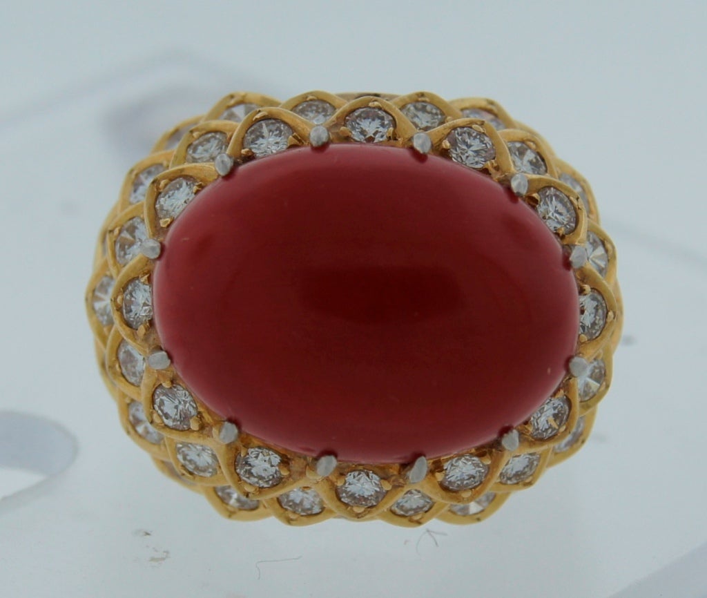 Women's David Webb Coral Diamond Yellow Gold Ring