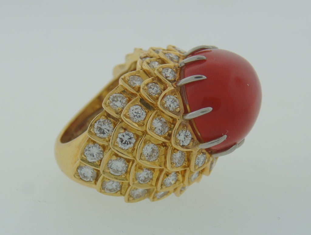 David Webb Coral Diamond Yellow Gold Ring 1