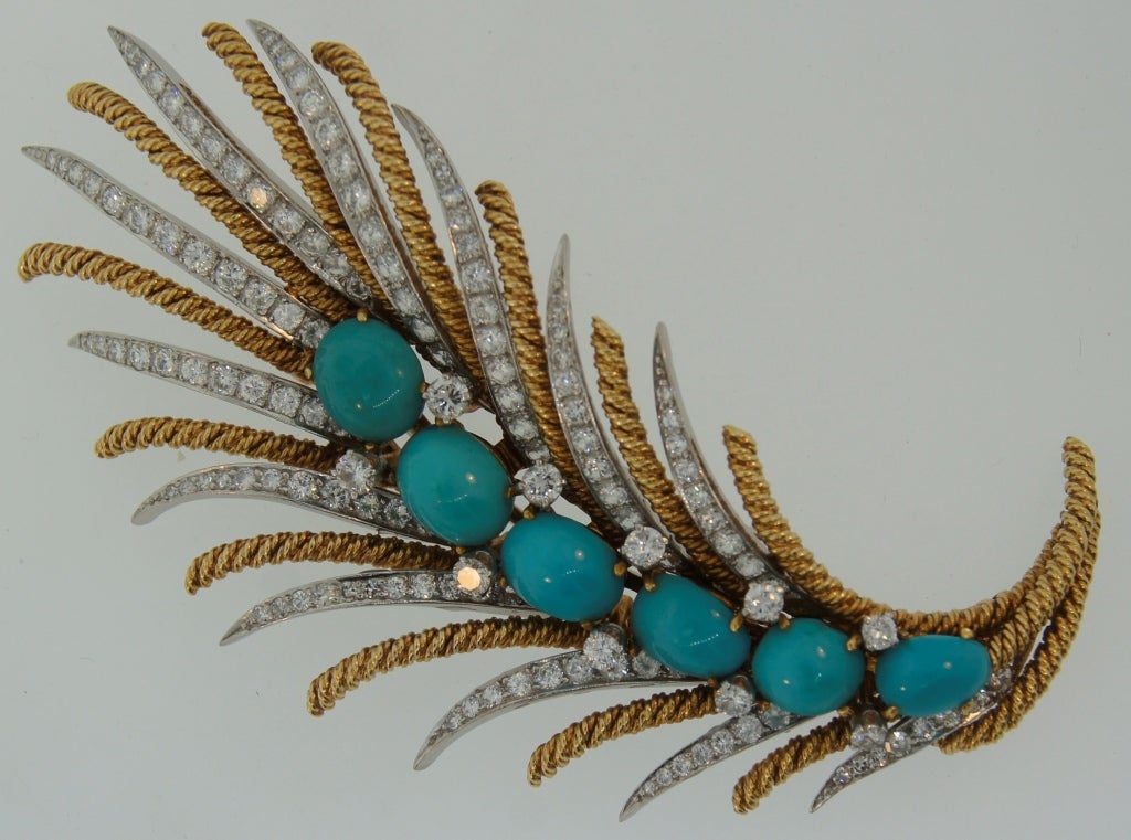 David Webb Turquoise Diamond Yellow Gold Platinum Fantasy Brooch Pin Clip In Excellent Condition In Beverly Hills, CA