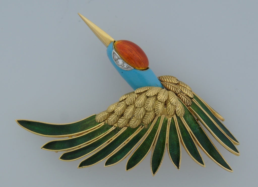 1950s Mauboussin Enamel Diamond Yellow Gold Stork Pin Brooch In Excellent Condition In Beverly Hills, CA