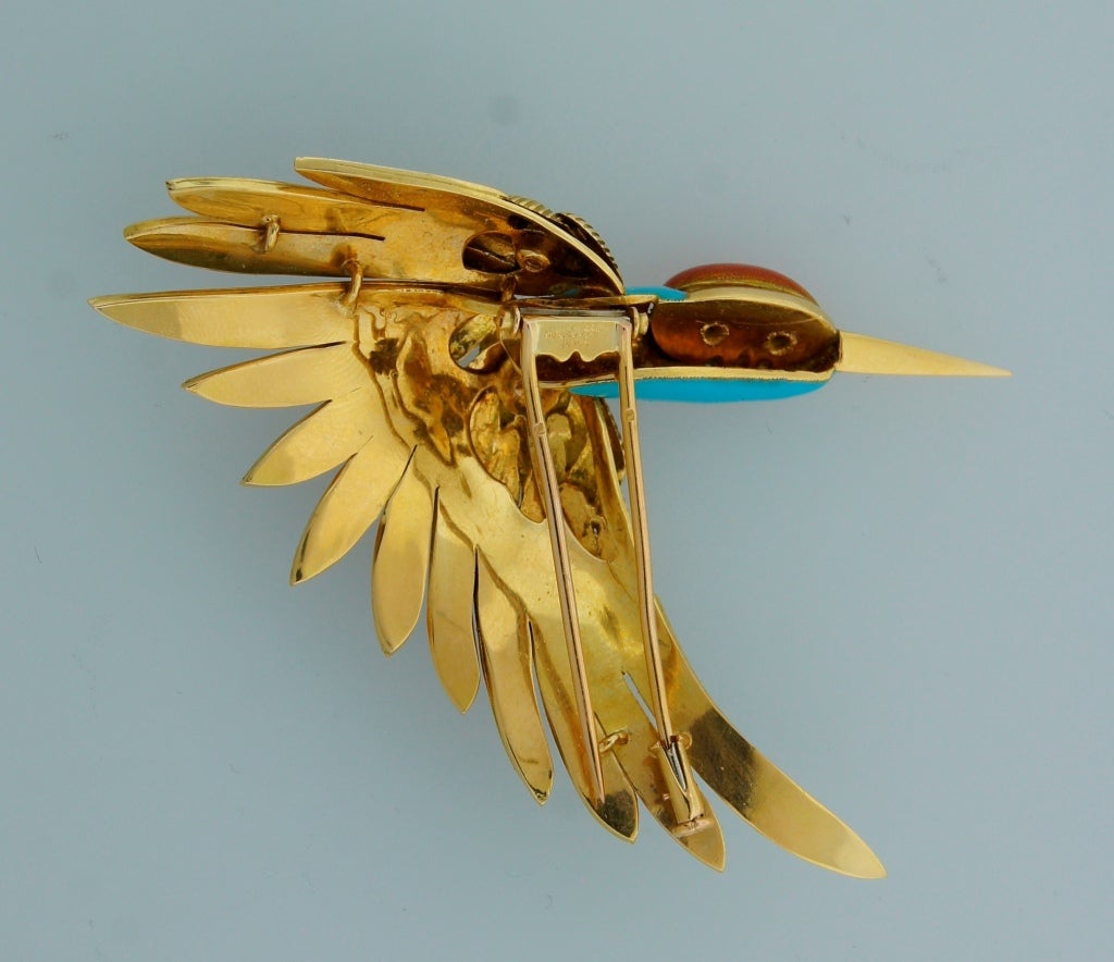 Women's 1950s Mauboussin Enamel Diamond Yellow Gold Stork Pin Brooch