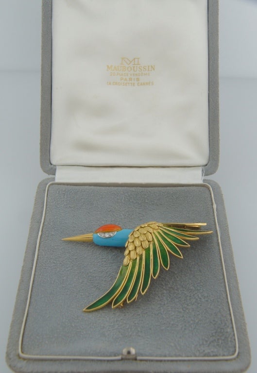 1950s Mauboussin Enamel Diamond Yellow Gold Stork Pin Brooch 2