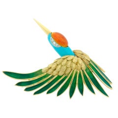 1950s Mauboussin Enamel Diamond Yellow Gold Stork Pin Brooch