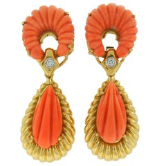 Van Cleef & Arpels Carved Coral Diamond Yellow Gold Earrings VCA 1970s