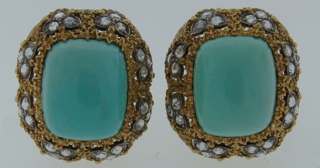 Stunning earrings created by Mario Buccellati in Italy in the 1960s. Feature cushion shape turquoise framed in yellow gold and accented with rose cut diamonds. The diamonds are set in white gold which accentuates whiteness of the diamonds.