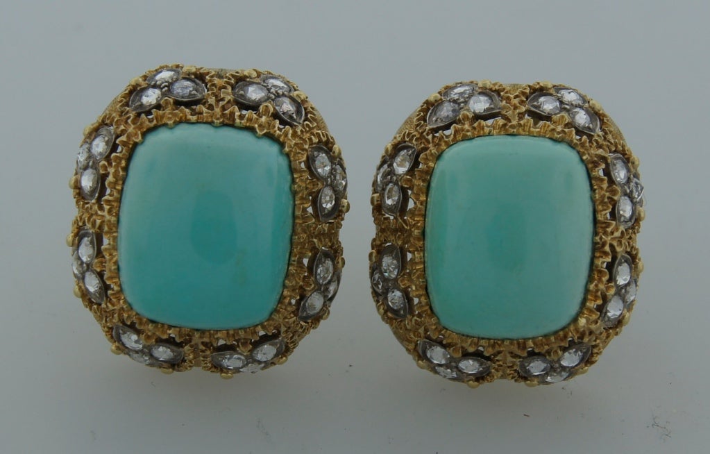 1960s MARIO BUCCELLATI Turquoise Diamond & Yellow Gold Earrings In Excellent Condition In Beverly Hills, CA