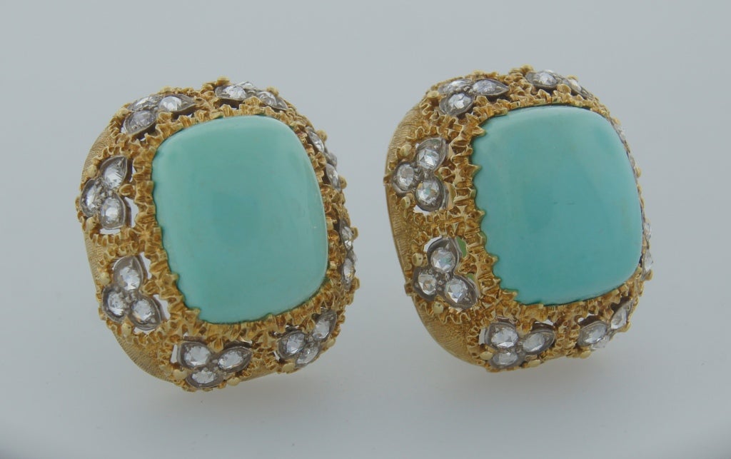 1960s MARIO BUCCELLATI Turquoise Diamond & Yellow Gold Earrings 1
