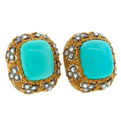 1960s MARIO BUCCELLATI Turquoise Diamond & Yellow Gold Earrings