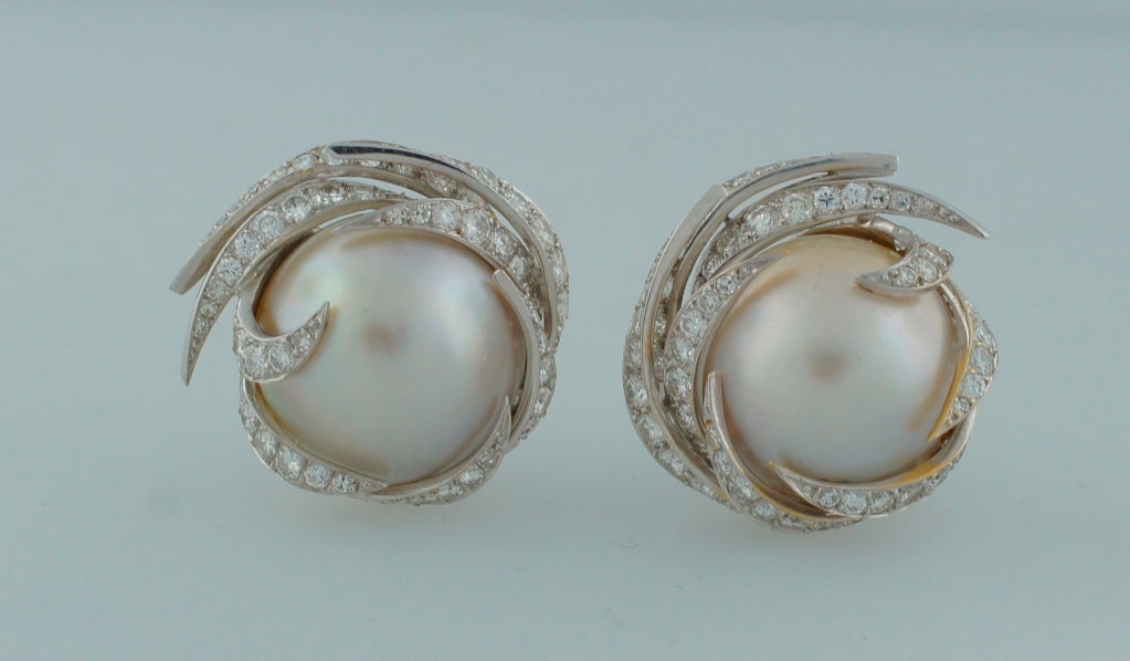 Pierre Sterle Paris 1950s Mabe Pearl Diamond White Gold Earrings 1