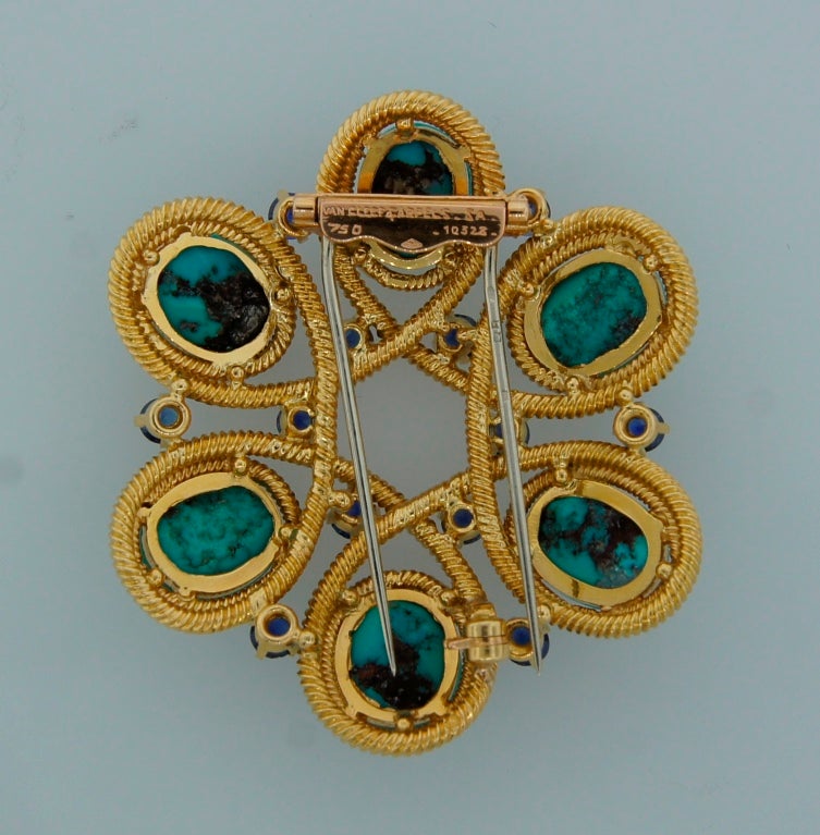 Van Cleef & Arpels Turquoise Sapphire Yellow Gold Pin Brooch Clip In Excellent Condition In Beverly Hills, CA