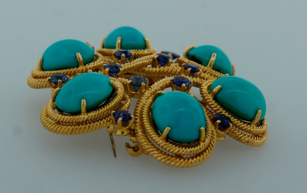 Women's Van Cleef & Arpels Turquoise Sapphire Yellow Gold Pin Brooch Clip