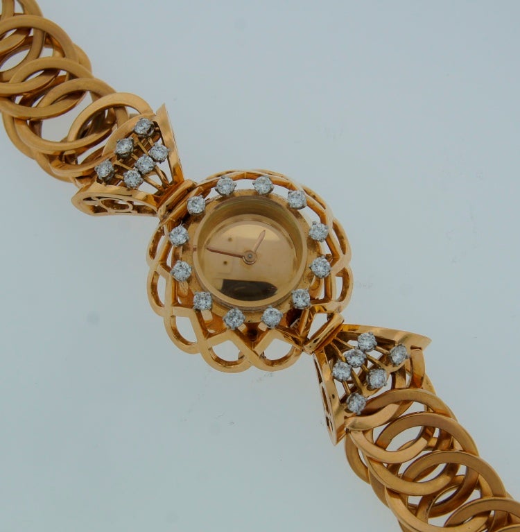 Boucheron Lady's Yellow Gold and Diamond Retro Braclet Watch circa 1940s In Excellent Condition In Beverly Hills, CA