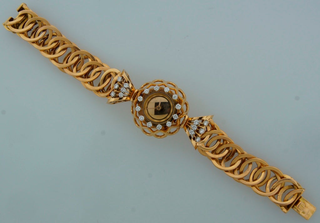 Women's Boucheron Lady's Yellow Gold and Diamond Retro Braclet Watch circa 1940s