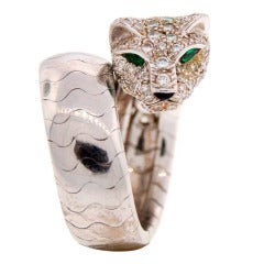 Cartier Emerald Diamond White Gold Panthere Ring 10