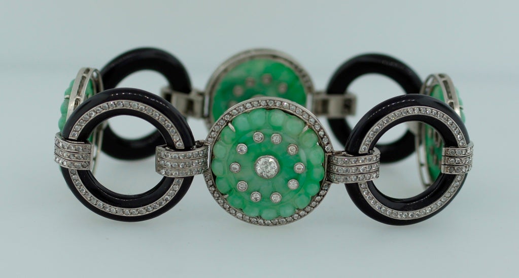 Women's Carved Jade Black Onyx Diamond Platinum Bracelet, Art Deco, 1910s For Sale