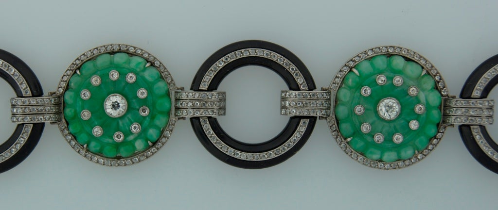 Carved Jade Black Onyx Diamond Platinum Bracelet, Art Deco, 1910s For Sale 1