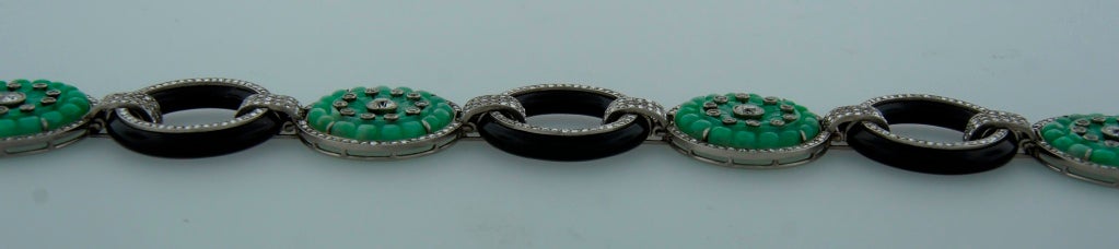 Carved Jade Black Onyx Diamond Platinum Bracelet, Art Deco, 1910s For Sale 3
