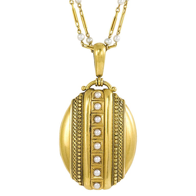 An Antique Gold Locket With Applied Wire Work and Pearls at 1stdibs