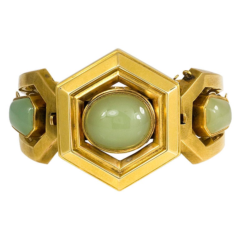 Antique Green Chalcedony and Gold Bangle