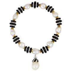 DAVID WEBB Pearl Diamond and Black Enamel Necklace