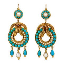 Antique Pearl, Gold and Turquoise Earrings