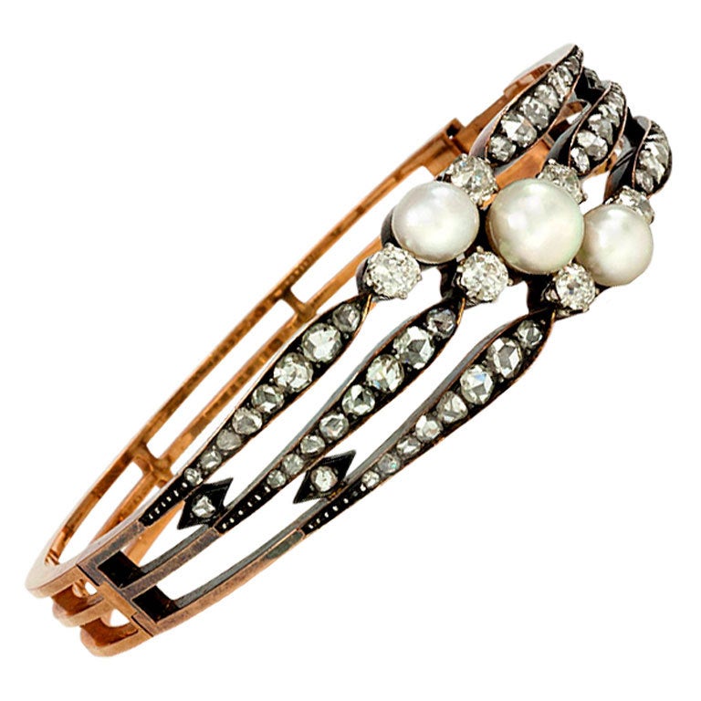 Antique Gold, Diamond and Pearl Three-Row Bracelet