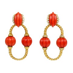 1960s Cartier Gold, Coral and Diamond Day-to-Night Earrings.