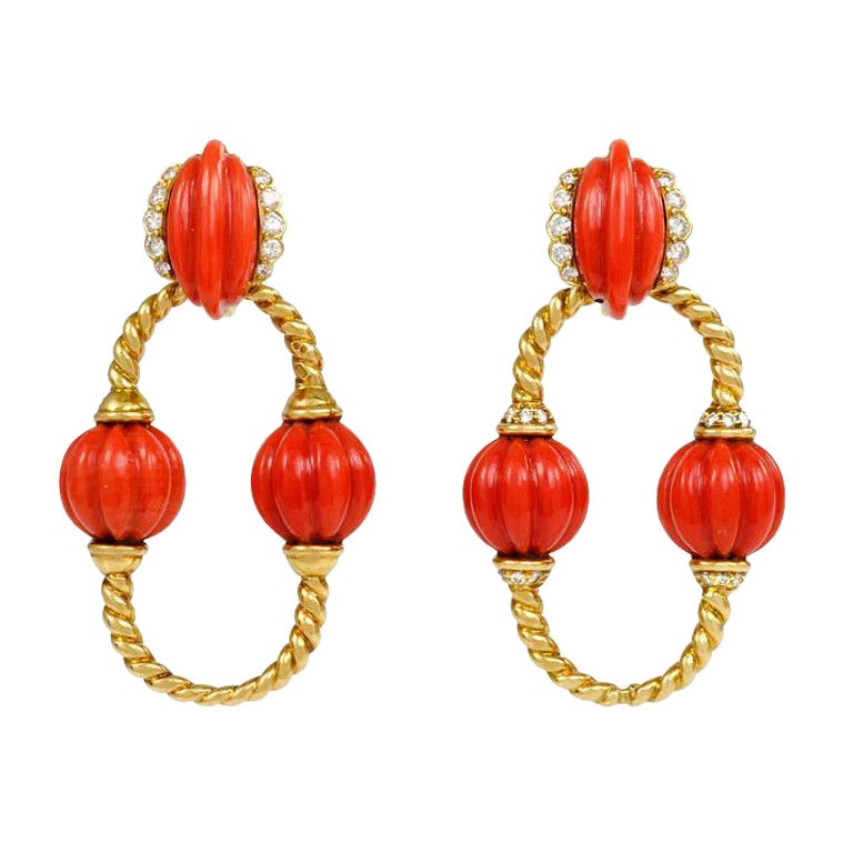 1960s Cartier Gold, Coral and Diamond Day-to-Night Earrings.