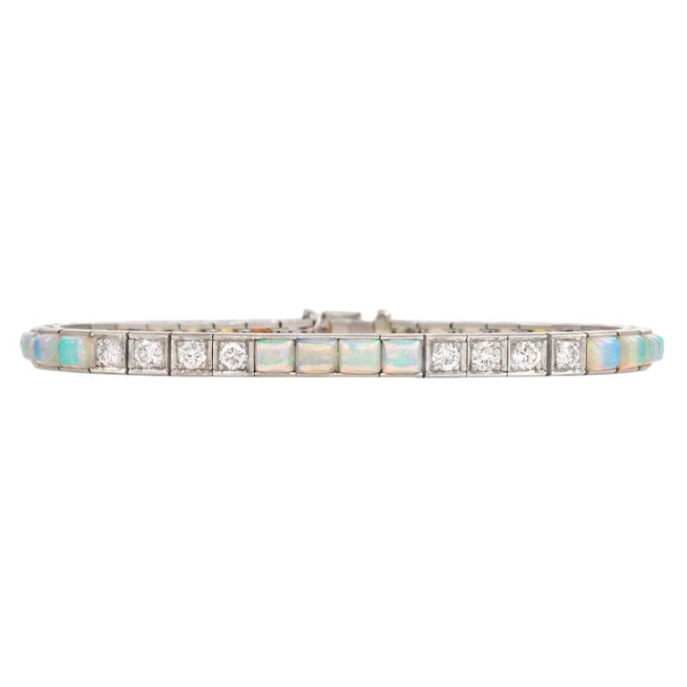 An Edwardian Opal Diamond Line Bracelet