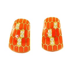 A Pair of Orange Enamel and Diamond Earrings