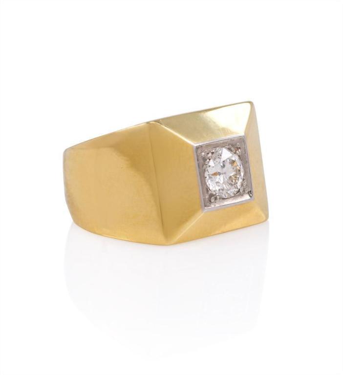 A square gold and diamond ring with mitered corners, in 18k gold and platinum.  Rene Boivin.