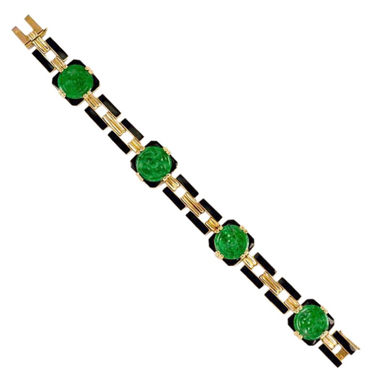 Art Deco Georges L'Enfant Enamel Jade Gold Bracelet
