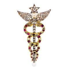 Antique Ruby Diamond Gold Caduceus Brooch with Pearl Accents