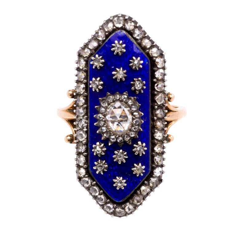 Antique Blue Enamel Rose Diamond Ring