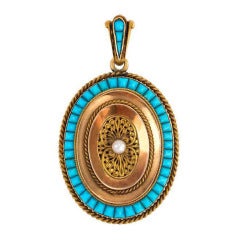 Antique French Gold Locket with Turquoise and Pearl Accents