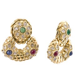Bold  Cabachon Sapphire Emerald and Diamond Earrings